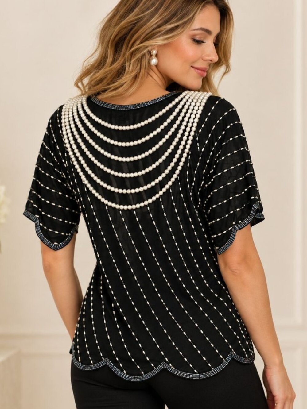 Jasmine by KVM Pearl Beaded Black Top Size S Shimmer Vintage Chic 80s Retro Glam